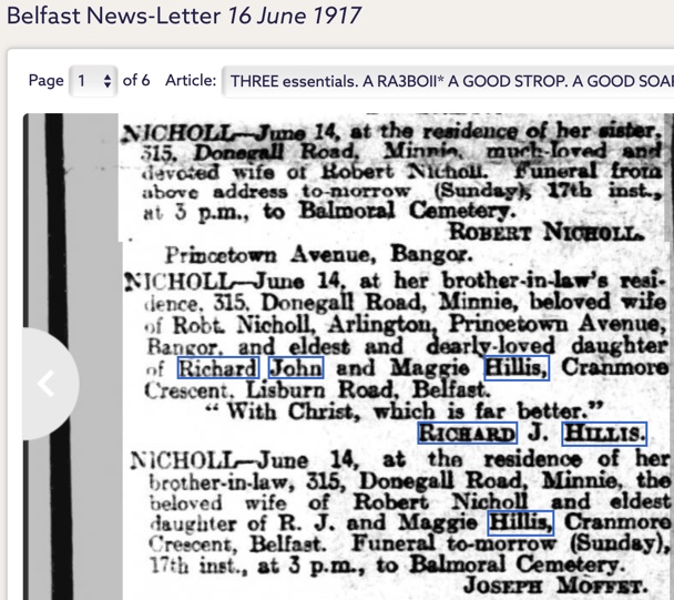 mary minnie hillis death newspaper